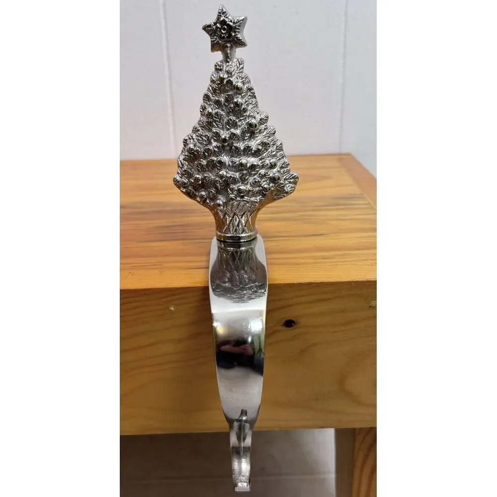Christmas Tree Holiday Stocking Hanger Holder Silver Heavy Brass